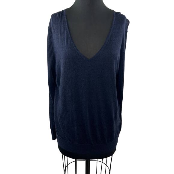THEORY Dark Navy Blue Nautical Sag Harbor Linen Sweater V-Neck Lightweight M - Picture 1 of 8